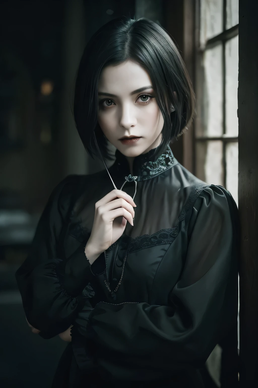 ( High Quality : 1.3),  Cinematic Shots , masterpiece, ( sharp concentration: 1.5), (Photographically: 1.3), Medium Portrait (Beautiful young vampire woman, Pale skin, gothic, Still proud、Brave,  straight black short bob hair wearing a dark tunic with high detail , Dark appearance, The , Dark atmosphere,  I'm wearing 、 shape wearing a dark, sexy tunic with high detail is modeled with sharp chiaroscuro。), It&#39;s night, ( high definition skin), ( detailed face ),   detailed background, Dim lighting, Dusk lighting, Volumetric Lighting,  Intricate Details ,  ultra high resolution,