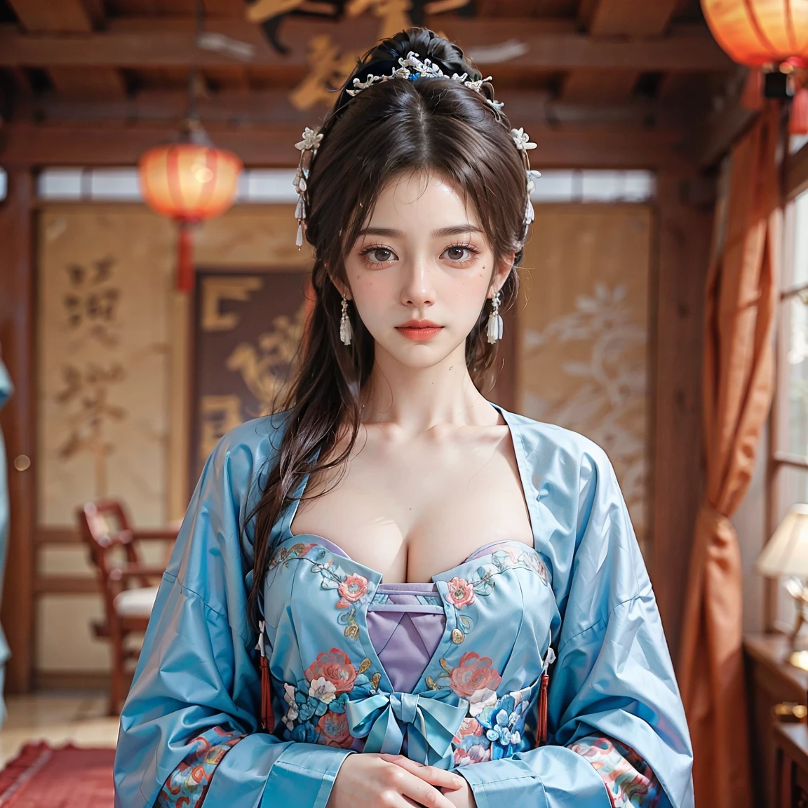 a male , wear sexy Chinese dress, bare tits, big tits 