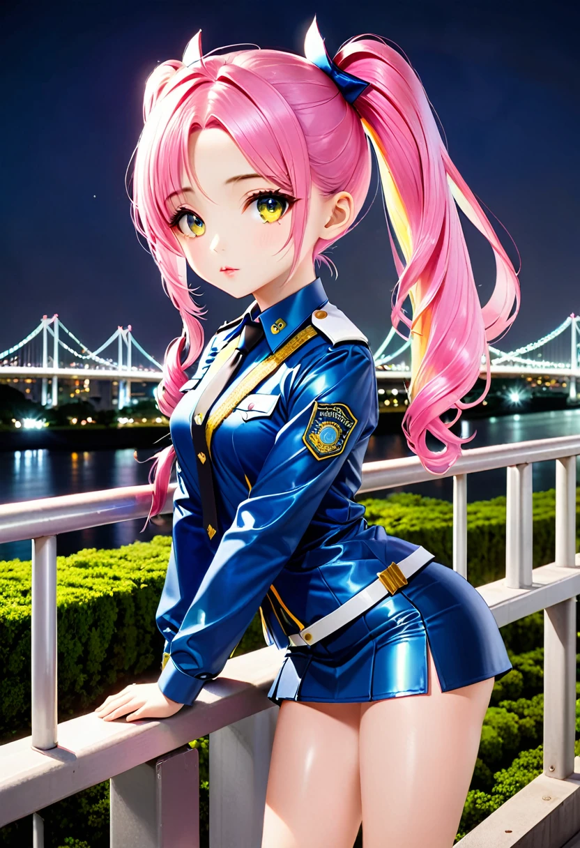 ((Odaiba's Rainbow Bridge in the evening:1.5、 Cars Passing by 、Sit on the balustrade:1.5)), ((Chibi:1.5)), ((((Taken diagonally from the front:1.5、from front:1.5)), side view:1.5, looking away:1.5)),  one girl who is at ease, ((Top Models:1.5))、 best quality, masterpiece,  ultra high resolution, (Realistic:1.4),  RAW photos ,  complex details,  big beautiful dark emerald eyes :1.5, Perfect Contour, masterpiece, Silky Long Hair,  ((forehead:1.5、 ponytails bleeding from the vagina:1.5)), (full lips:1.5, pink lips:1.5, gloss lips:1.5, parted lips1.5),  slim、Short stature:1.5、(middle chest:1.2, Firm Chest :1.2, High chest:1.5),  (( very soft, tight-fitting metallic policewoman uniform:1.5、 shiny super shine iridescent deep blue :1.5, Police hat:1.5)), (Talking on the radio :1.5、Touching your hair:1.5)、(( background is a rainbow bridge :1.5、 big clearly visible rainbow :1.5、Yellow Leaf :1.5))