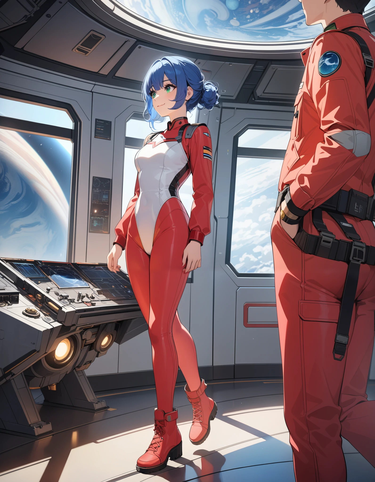 best quality, masterpiece, hires, highly detailed, 8k, solo, solo focus, 1girl, cute and attractive woman with blue hair and green eyes, red pilot suit, white leotard, confident, standing, red ankle boots, walking, smile, closed mouth, looking away, starship, indoors, window, planet outside the window, full body shot
