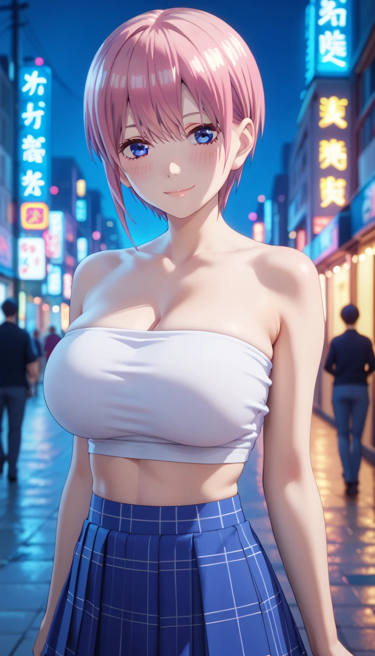 (Tall girl, Fit girl,score_9, score_8_up, score_7_up, score_6_up, uncensored, 1girl, ichika nakano, short hair, bangs, blue eyes, hair between eyes, pink hair, bangs, blue eyes, shirt, hair between eyes, huge breasts, tube top, skirt, mini skirt, pantyhose, night, neon light, city, blurry backgrounds, from front, seductive smile, blush, 