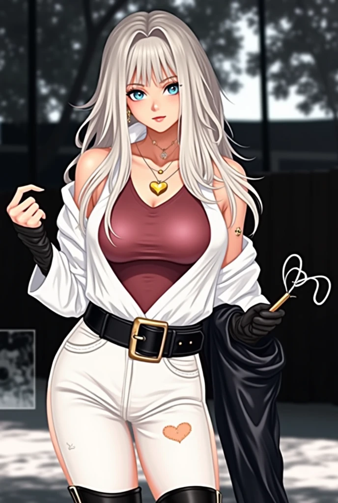 portrait of, beautiful figure (correct anatomy1.1), one girl, smile, smile, look at the camera, beautiful feet, waist, Beautiful waist, erotica, sexy pose, handsome body (correct anatomy), the ghost is gone, very beautiful face, feminine features, masterpiece, 最high quality, 完全な高さで Beautiful waist, beautiful feet, high quality, highly detailed face, Depth of written boundary, HDR, very detailed, ray tracing, dark fantasy, demon tattoo, super beautiful, Nice little breasts, 1 girl, alone, looking at the viewer, gray hair, jewelry, closed mouth, green eyes, yellow eyes, compensate, lipstick, Slit pupil, shining eyes, anger, red lips, hairpin, (sweater:1.4), (off shoulder:1.3), (Denim Long Skirt:1.3), (urban background:1.3), walk around town, Model Walking