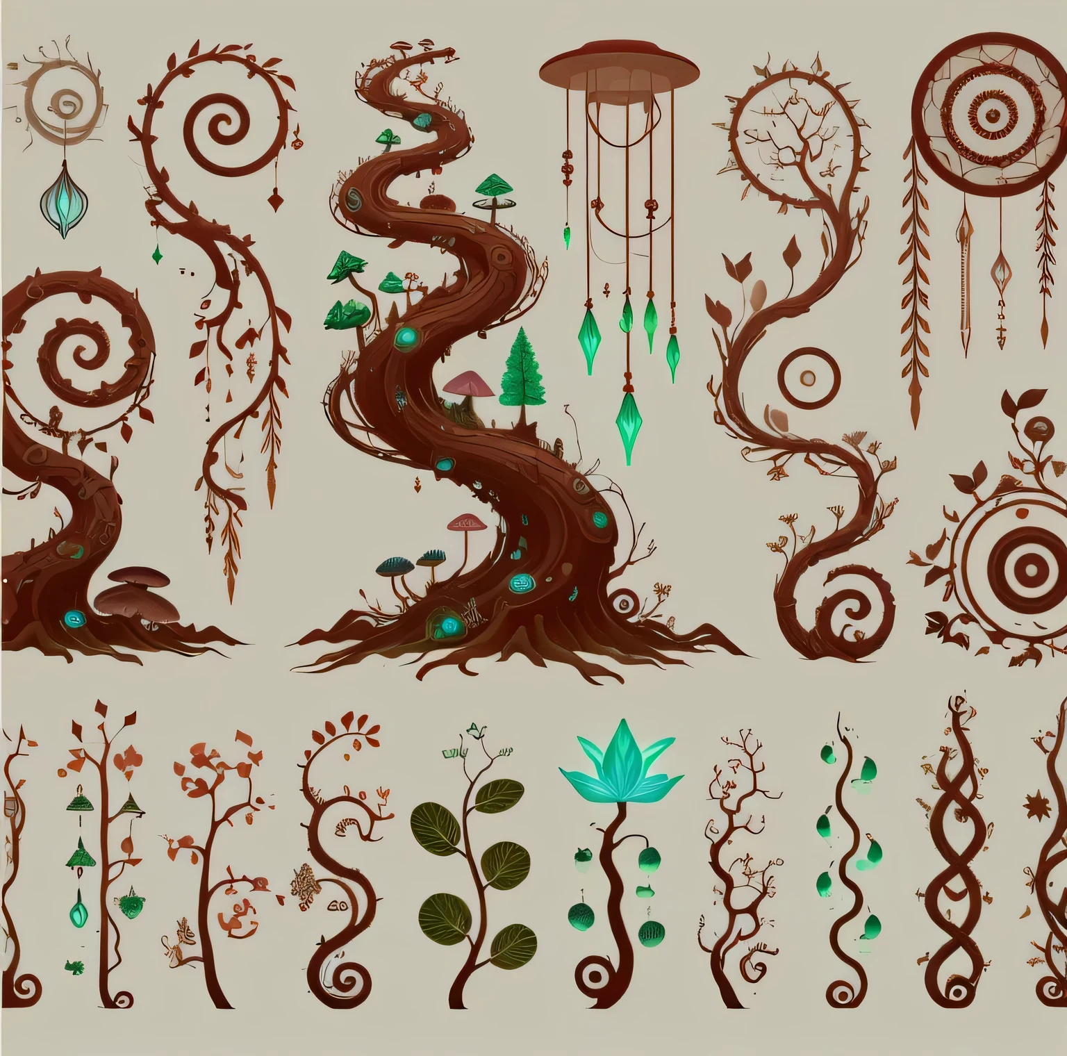 close-up of a bunch of different designs on a white background, Fantasy Magic Vegetation , Highly Detailed Branches and Plants , Detailed Glowing Plants , Detailed plants , stylized vegetation , Flying Trees and Park Items , Plant tentacles, Game Assets of Plants and Trees , Props containing trees , vine、 Plants and Mushrooms , art nouveau jungle environment , Plant environment, Fractal Vines , Surrounded by Vines , Hanging Plants ,Glowing Plants,Glowing Mushrooms , Detailed Game Art ,环境设计插图,, 2D game material, unnatural shape ,environment conceptual art ,2D conceptual art ,sharp crystal , 2D game material. conceptual art ,Visual development, 魔幻superrealism, 超Reality插图, painting, K8 HD Quality New Hyper-Reality, Whimsical Art, , fantasy, Magical Reality, Strange art, Popular Hyper-Reality,There is a surreal painting,Surreal dream landscape, a Surreal dream landscape, Super Reality Dream, 4K Ultra Reality, Surreal landscape, Super Reality Background, Hyper-Reality Art, Surreal dream landscape, Super Reality Scene, New Hyper-Reality. The art of mathematics, surreal The art of mathematics, surrealistic The art of mathematicswork, Surreal landscape, Hyper-Reality of magical shapes, artstyle bse fascinating art style fusion , this illustration combines the HyperReality of Salvador Dal, the intricate Symbolism of ( Hironimus Boss ), the dreamlike landscapes of Yves Tangji, the mind-bending perspectives of rice.c. Escher, and ((( Fantastic Beauty of Anna Dittman))). works in chaos , Melting Dal , The Wonderful Creature of Boss , Tangji's otherworldly landscape, Escher's impossible geometries, and Dittmann'Beautiful characters. The final product is a fascinating and mysterious work of art.,Bringing the audience into a realm where reality and imagination are intertwined. (painting), (Fine lines), ( exquisite details) (Traditional canvas), (rich texture and depth of color), superrealism, Symbolism, Dreamlike scenery, (( Fantastic Beauty)), ( salvador dali style , Hironimus Boss , Yves Tangji, rice.c. Escher, and Anna Ditman), (Carmine ), (indigo), (Sand color), ( bright colors), Quality