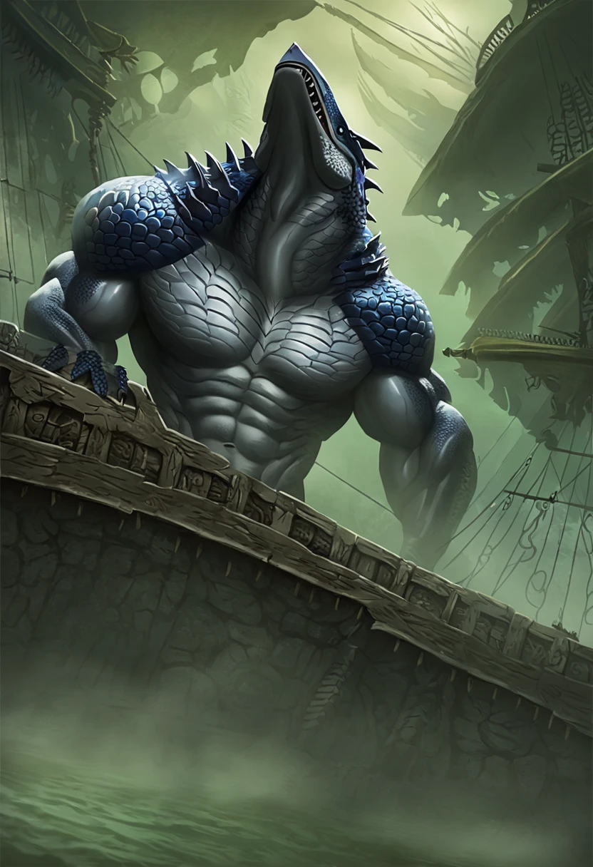 sharkman, gray belly, black and blue hands and fins, black back, solo, big arms, koholasaurus from genshin impact, wearing pants, bara, detailed smooth skin on abs, lizard shark hybrid, anthro, detailed scales, muscular, thick scales on arms and legs, proporcional body, wide chest, trapezoid body type, marked jaw, thick shark tail, best quality, 4k, ultra-detailed, detailed illustration of 4K, horror, thick green fog, pirate port scenery, standing near water, night, Arcane style