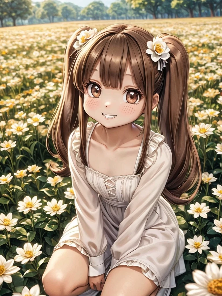 White margaret flower field,girl１people,Thin twin tails,Light brown hair color, Upswept eyes、Brown eyes,Being thin、Crouching、,smile,Double teeth,Flat Chest、Pure white dress、Showing off your crotch、Low - Angle、