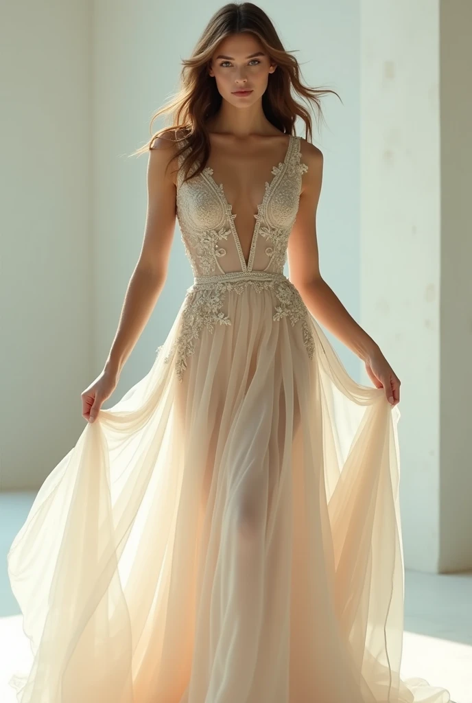 (photorealism:1.2), (full body shot) Beautiful, stunning, gorgeous, stunning woman, brown hair, green eyes, slender legs, soft features, muse, goddess, realistic skin, extremely detailed full body shot of a strikingly stunning woman, wedding dress, high heels