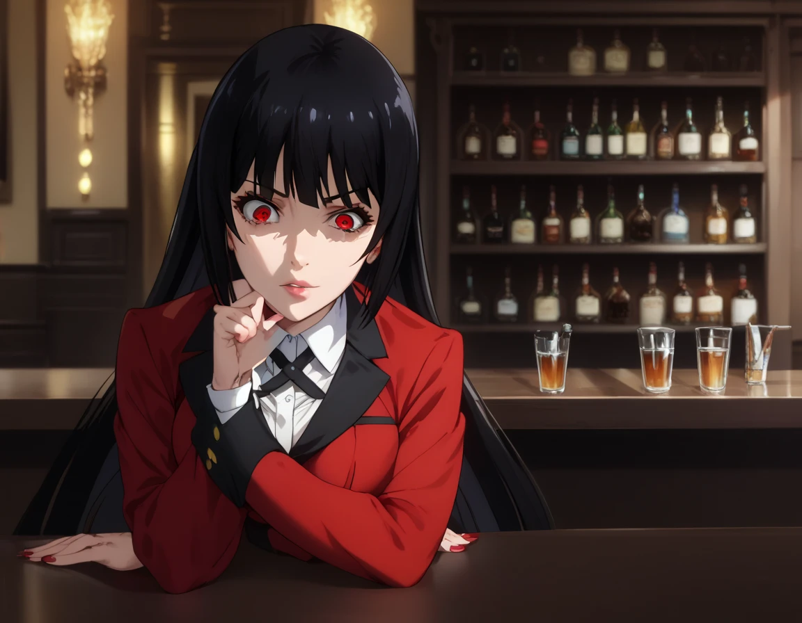 (( top quality )), (( Masterpiece)), (Familiar with),  perfect face, 1 girl, background, bar,  Kakegurui, Jabami Yumeko,  school uniform, Bangs,  Red Long Sleeve Outerwear, Black hair,  Red eyes, Black-eyed iris, Black skirt, Black long tights ,  close their eyes