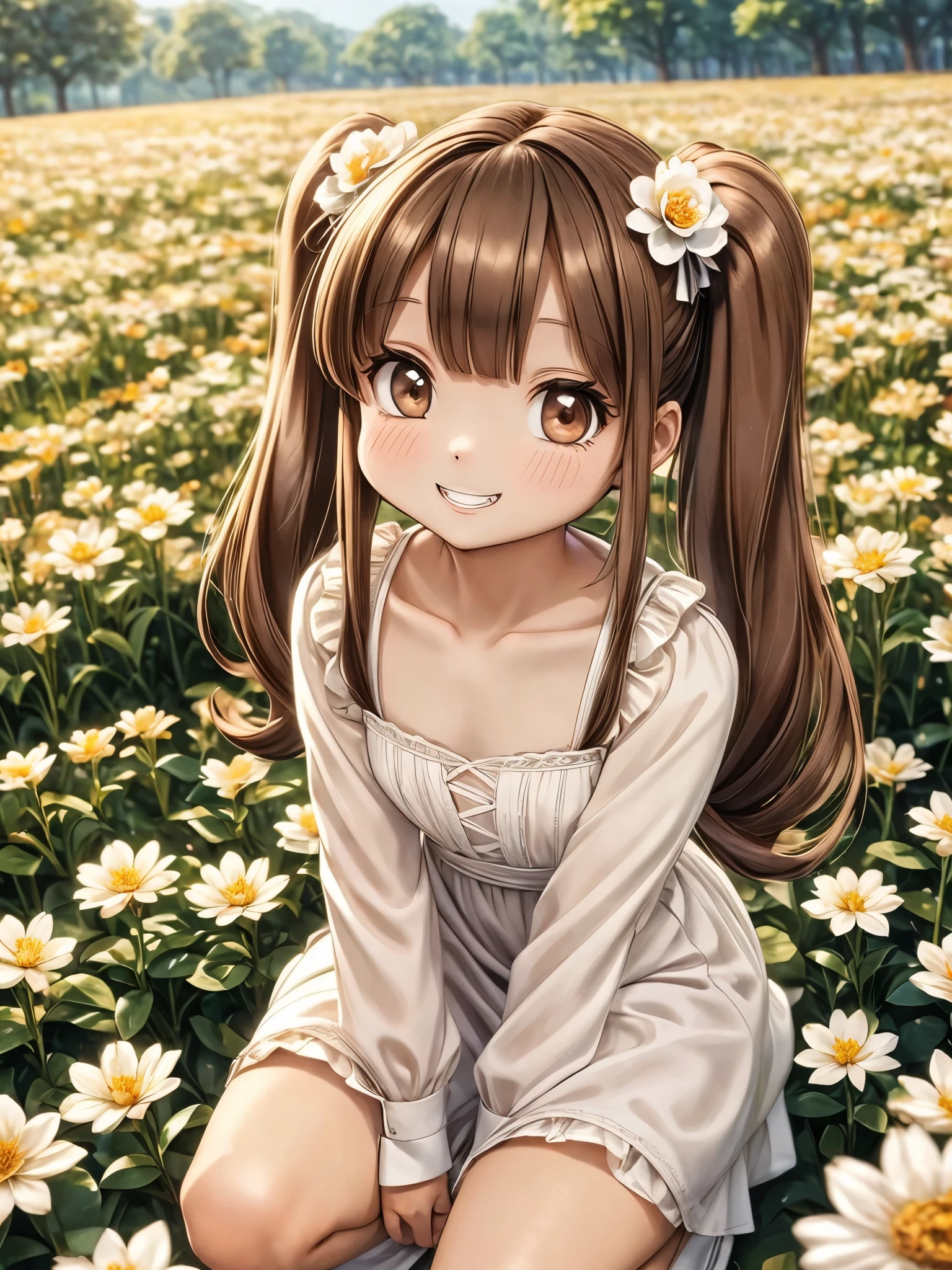 White margaret flower field,girl１people,Thin twin tails,Light brown hair color, Upswept eyes、Brown eyes,Being thin、Crouching、,smile,Double teeth,Flat Chest、Pure white dress、Showing off your crotch、Low - Angle、