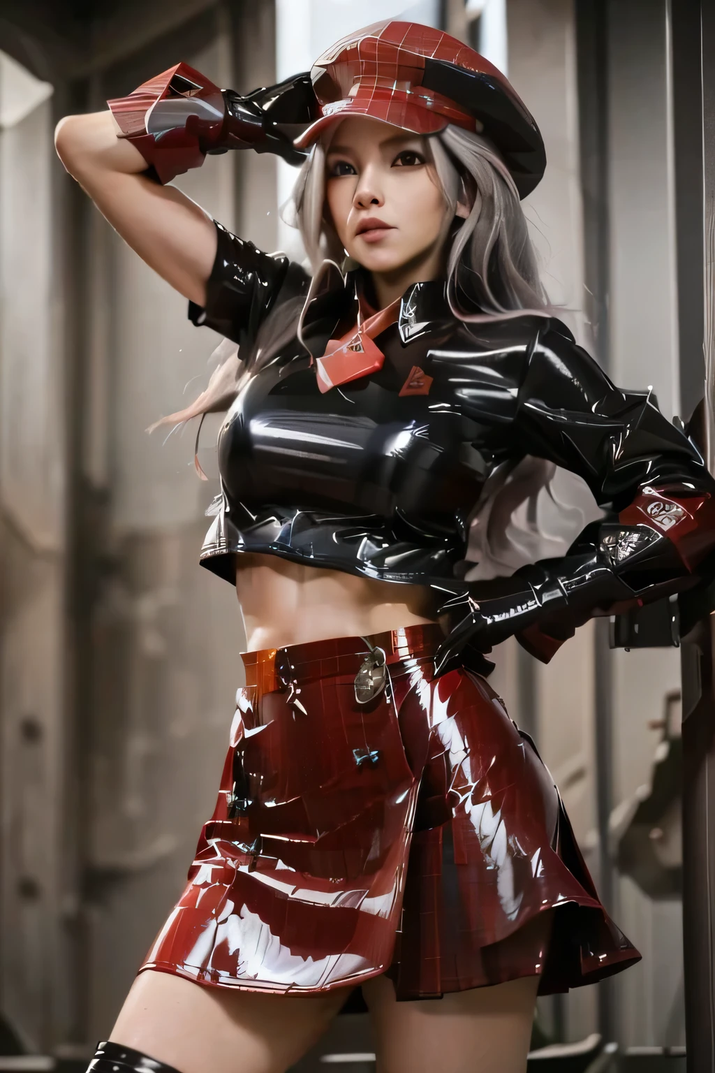 　 Perfect Anatomy　 best quality, highest resolution,(((Latex Costume　 red hat 　red latex check skirt　 Silver Hair　Dark blue eyes　sweat　 out of your belly button)))　God Eater　Alisa Ilinichna Amiella