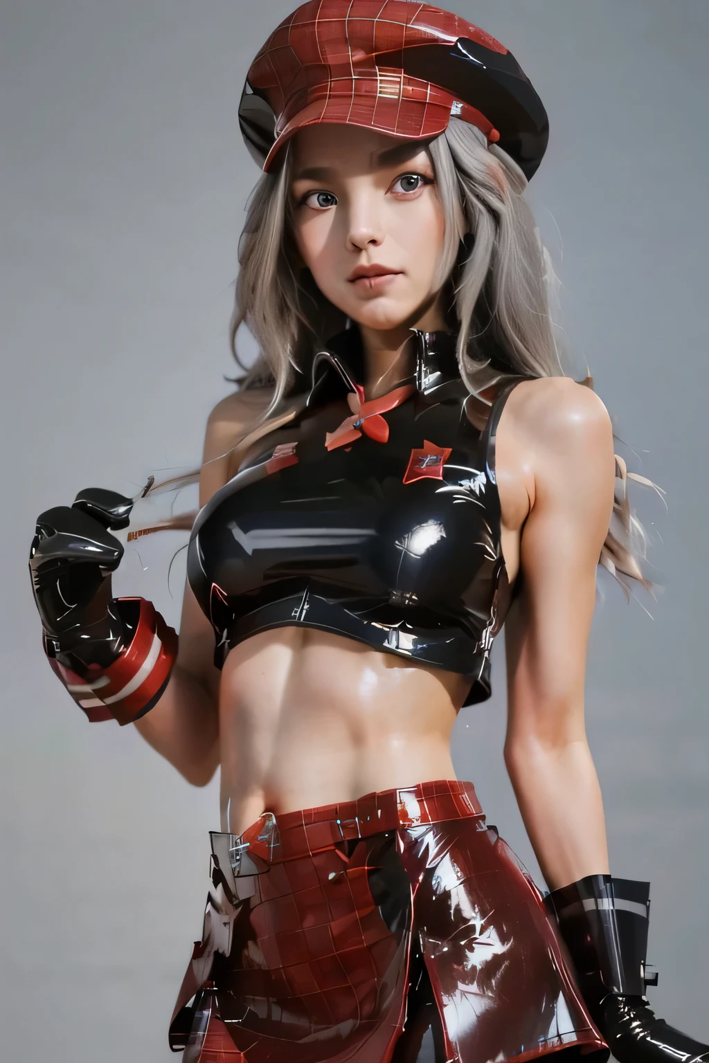 　 Perfect Anatomy　 best quality, highest resolution,(((Latex Costume　 red hat 　red latex check skirt　 Silver Hair　Dark blue eyes　sweat　 out of your belly button)))　God Eater　Alisa Ilinichna Amiella