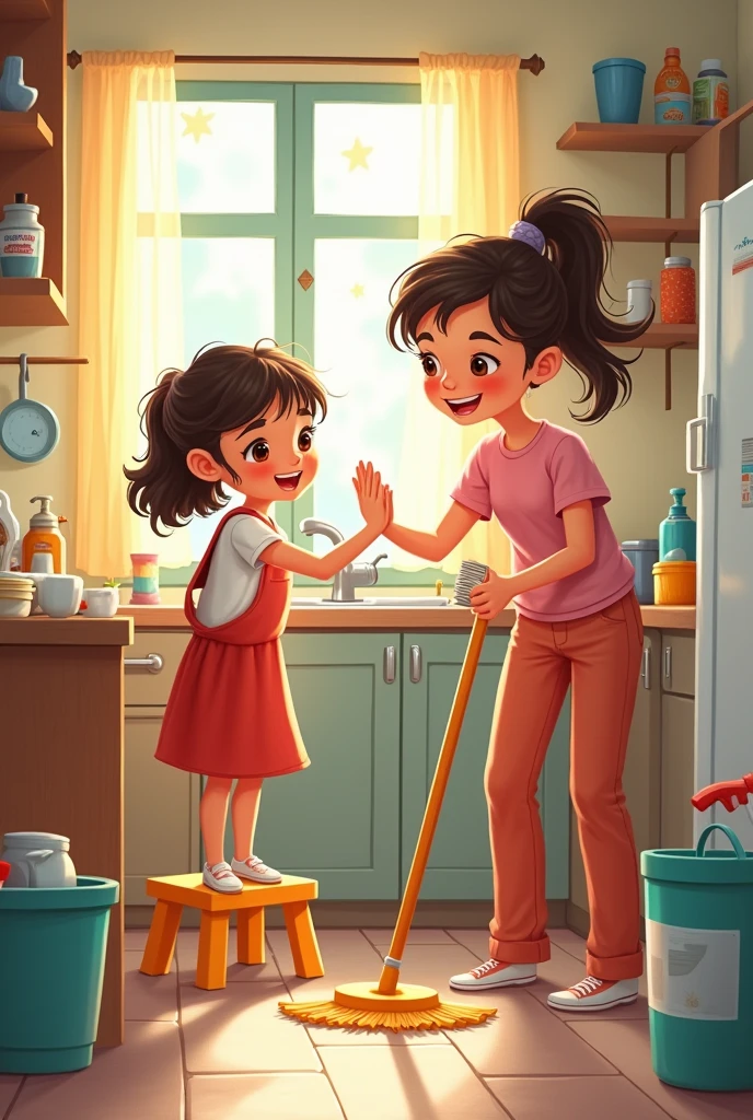 GENERATE A DRAWING OF A 4-YEAR-OLD GIRL Helping mom and dad with small tasks.
