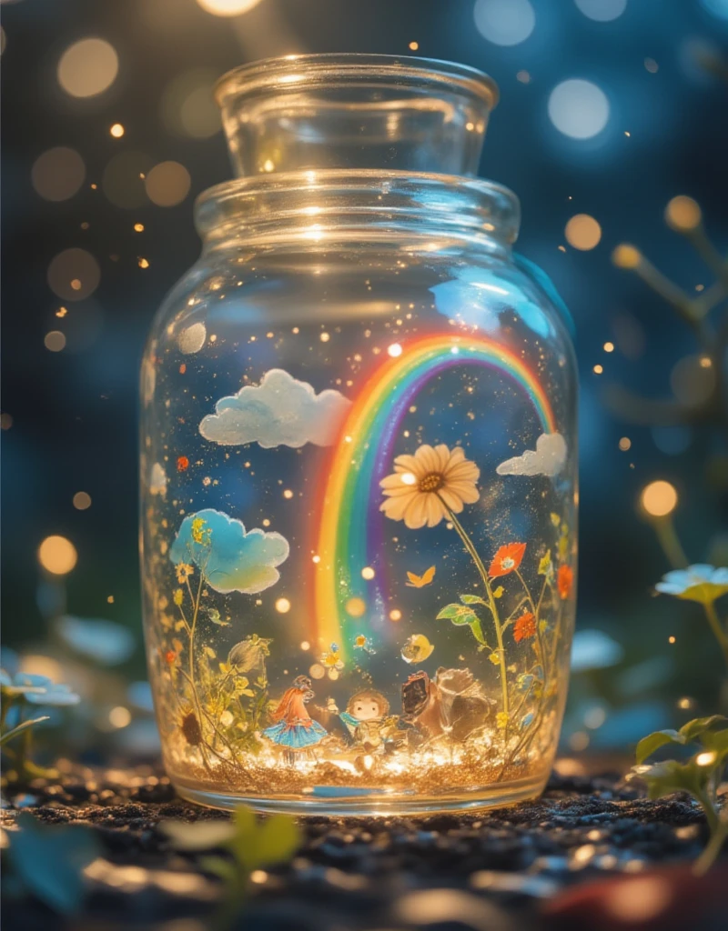  Glass Jar Closeup , The rainbow in the pot , , Colorful clouds, ,  glass reflection ,  Curved Surface Distorted , Background starry sky, contrast, depth, magic,  Ethereal Light ,  super detailed, Dark background,  is as beautiful as heaven, Macro Photography