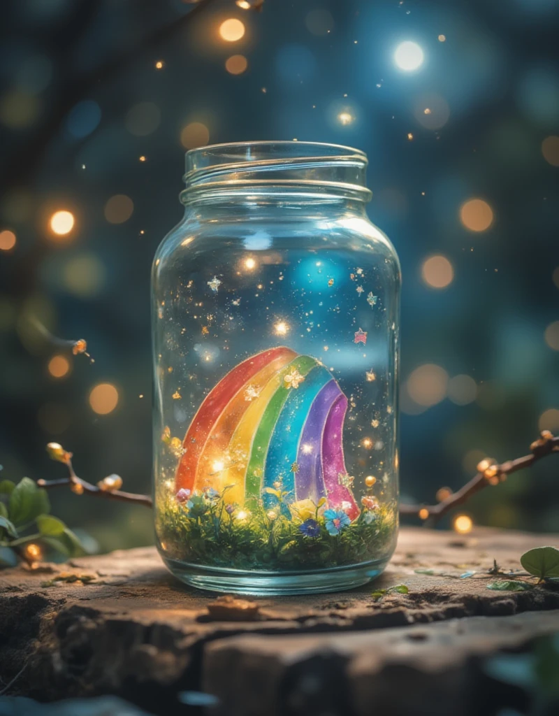  Glass Jar Closeup , The rainbow in the pot , , Colorful clouds, ,  glass reflection ,  Curved Surface Distorted , Background starry sky, contrast, depth, magic,  Ethereal Light ,  super detailed, Dark background,  is as beautiful as heaven, Macro Photography