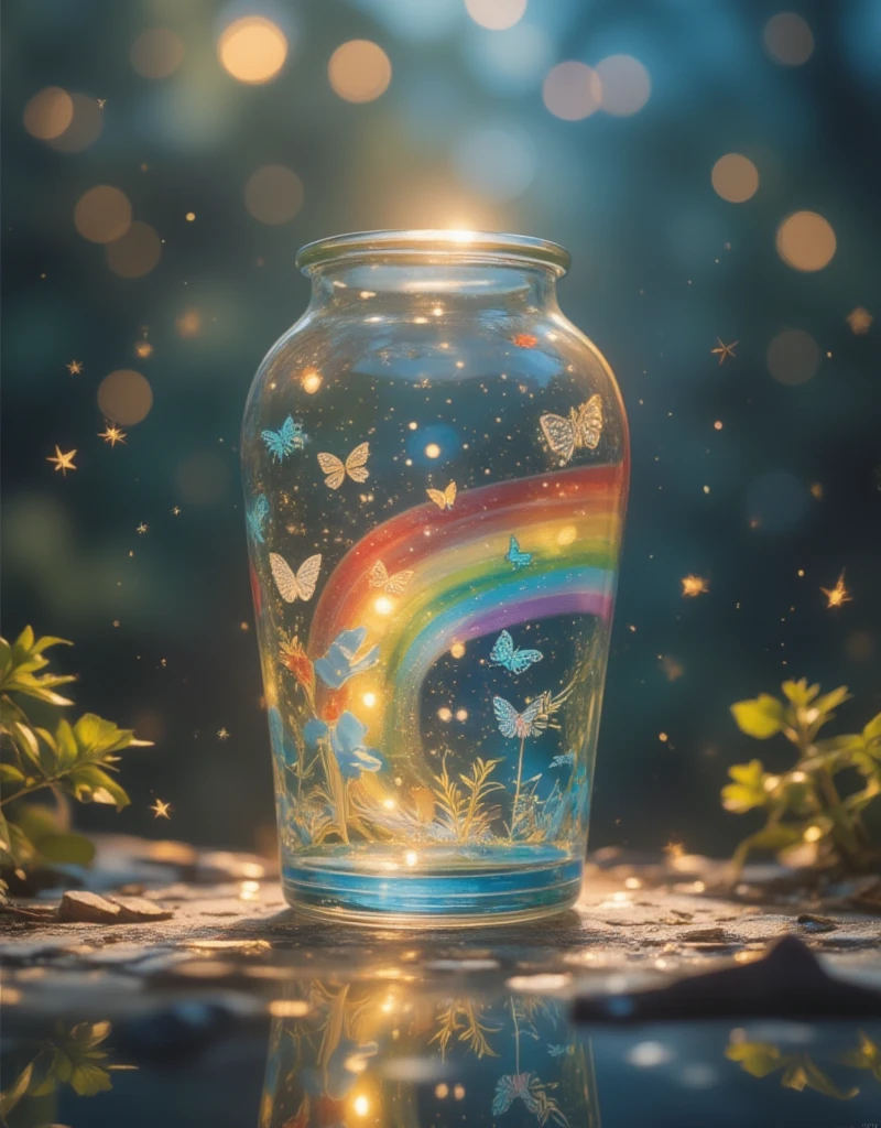  Glass Jar Closeup , The rainbow in the pot , , Colorful clouds, ,  glass reflection ,  Curved Surface Distorted , Background starry sky, contrast, depth, magic,  Ethereal Light ,  super detailed, Dark background,  is as beautiful as heaven, Macro Photography