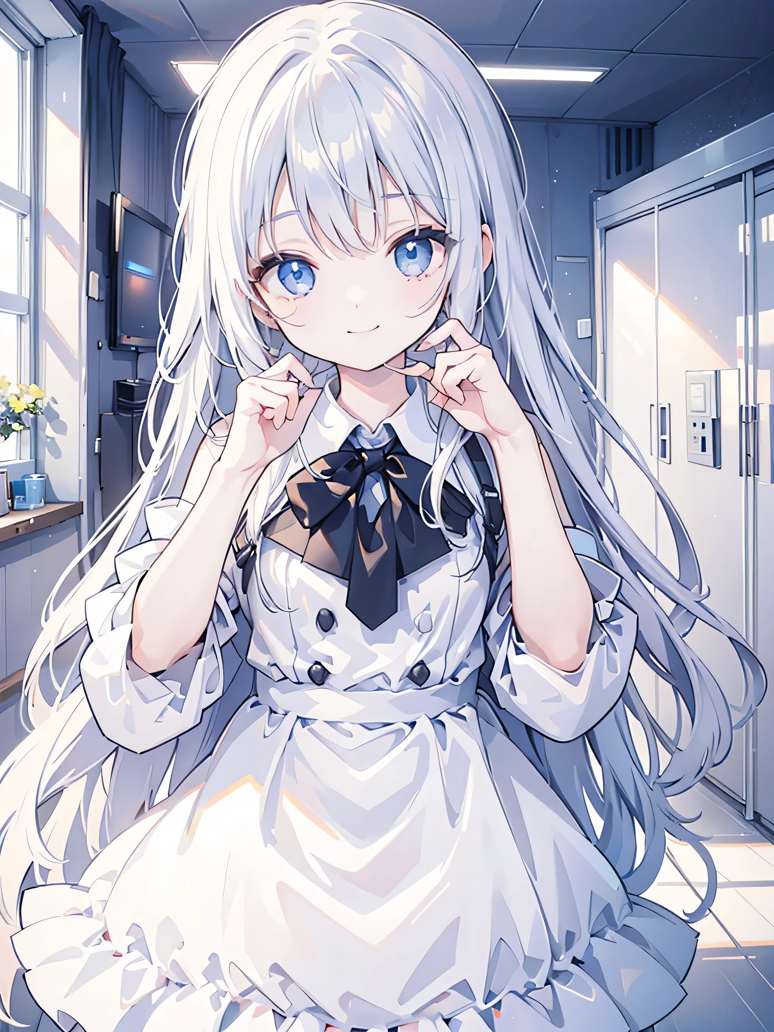 Highest quality,smile,woman,cute,Long Hair,Golden Hair,Light blue eyes,White off-the-shoulder tops,Checkered mini skirt,Light blue background,Touching your face with your hands,