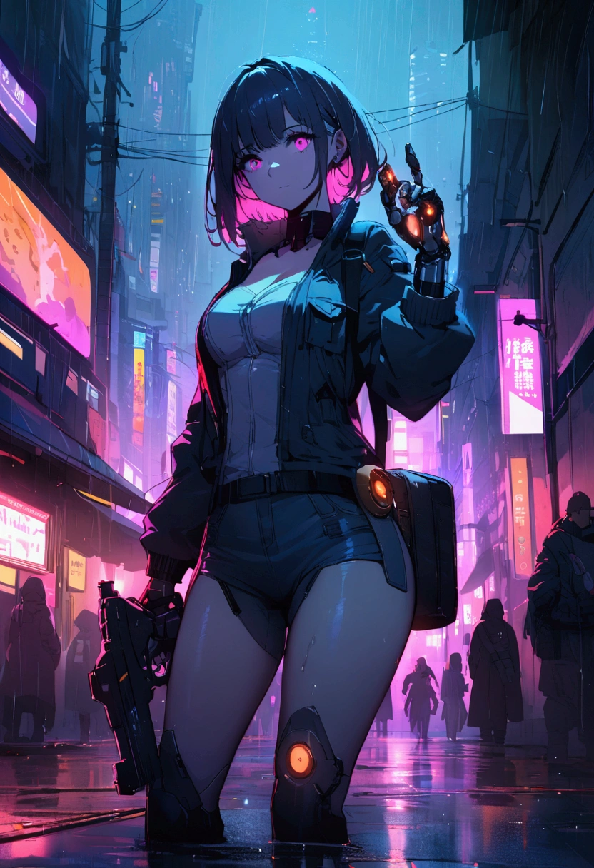 ((NSFW)), masterpiece, Best quality, Ultra high definition, Maximum resolution, Very detailed, Professional lighting, anime, (((single girl))), (slender), very cute, 1girl, 12 year age, (((hairy pubis ))), ((very short bobcut hair)) jetblack hair, ((cyberpunk vibes)) (((White footwear))) high socks, ((suspenser tigths)), ((straps)), (downed detailed cotton panty) Iigthparticles, cyber city, looking awayr, ((blue dark school sailor costume)) (((red ribbon))), thin body, city samurais in background, orange neon backlighting, whole body, pose, (((nigth city))) ((((at the top of a tubular and wires structure)))) ((((jacket)))) (((deep blue and orange palette))) ((((Depth of field)))) (((cyberpunk city))) (dynamic shot) (((iluminated by neon haze ambient))) (((sordid ambien))) (((sexual inuendo)))   Night, colorful cyberpunk city background, perfect composition, perfect light and shadow delicate, 8k