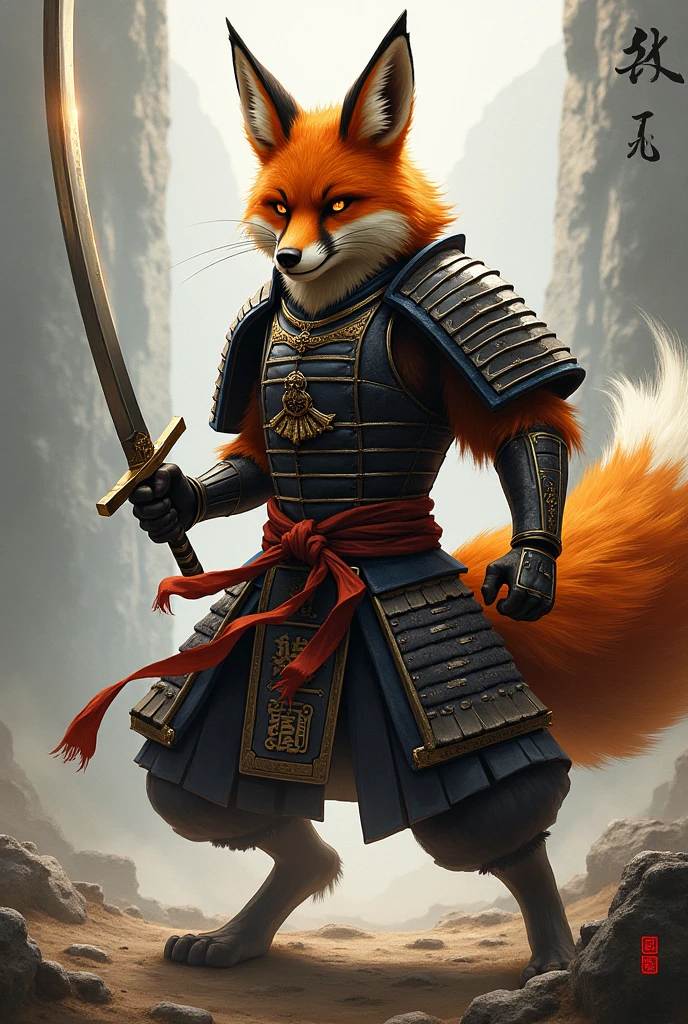A picture of a samurai fox fighting with a sword and wearing a samurai costume