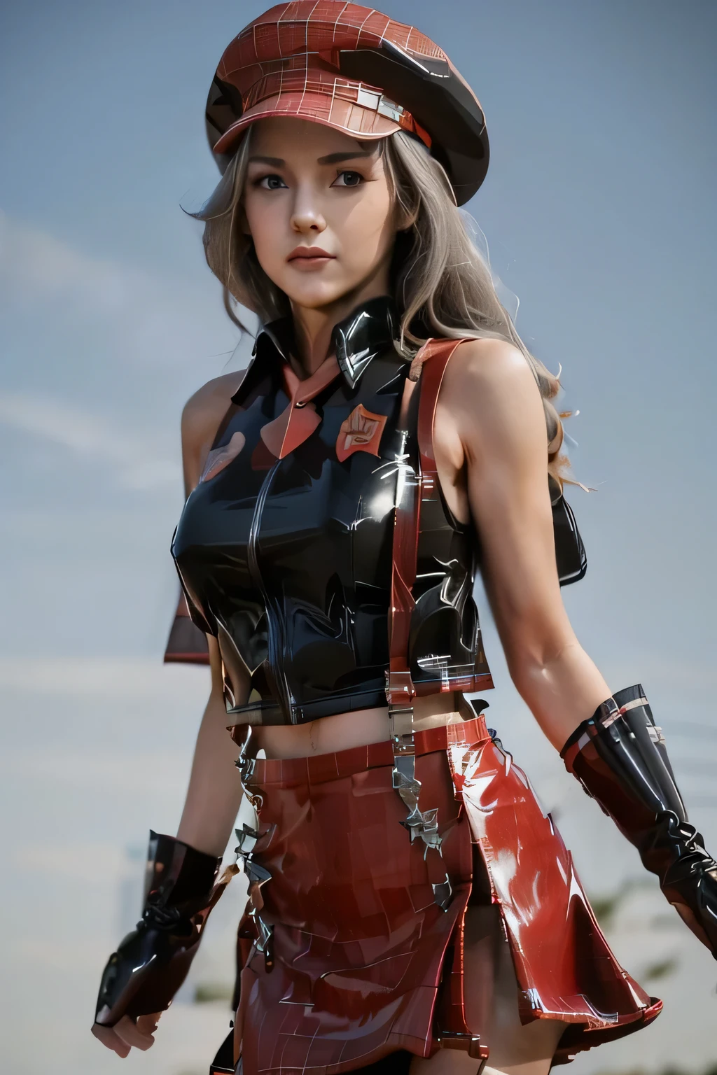 　 Perfect Anatomy　 best quality, highest resolution,(((Latex Costume　 red hat 　red latex check skirt　 suspenders　 Silver Hair　Dark blue eyes　sweat　 out of your belly button)))　God Eater　Alisa Ilinichna Amiella