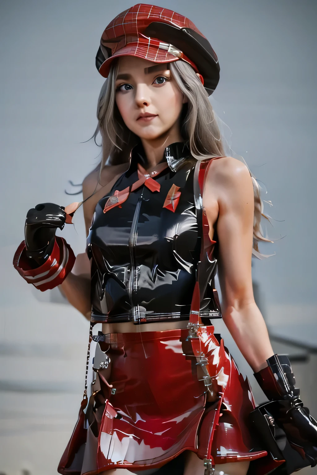 　 Perfect Anatomy　 best quality, highest resolution,(((Latex Costume　 red hat 　red latex check skirt　 suspenders　 Silver Hair　Dark blue eyes　sweat　 out of your belly button)))　God Eater　Alisa Ilinichna Amiella