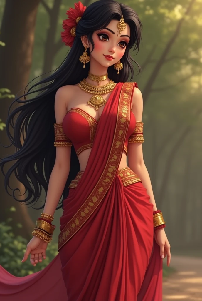 Woman, wheatish color, breasts size is bigger than normal, long black hair, brownish black eyes, wearing red saree, 5'6 height, oval face, shining skin