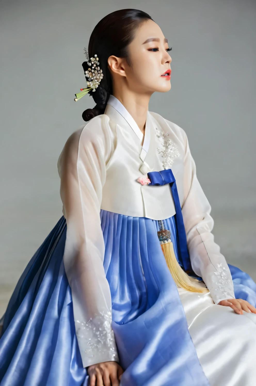 A Korean man in women's hanbok, hi is crossdresser, His face and hairstyle are very masculine, silk, Mother of the Bride hanbok Dress Outfit, breasts like a woman, white blue, slender female body, A slim body stands out, sexy see-through jacket, satin, little side view, sit quietly