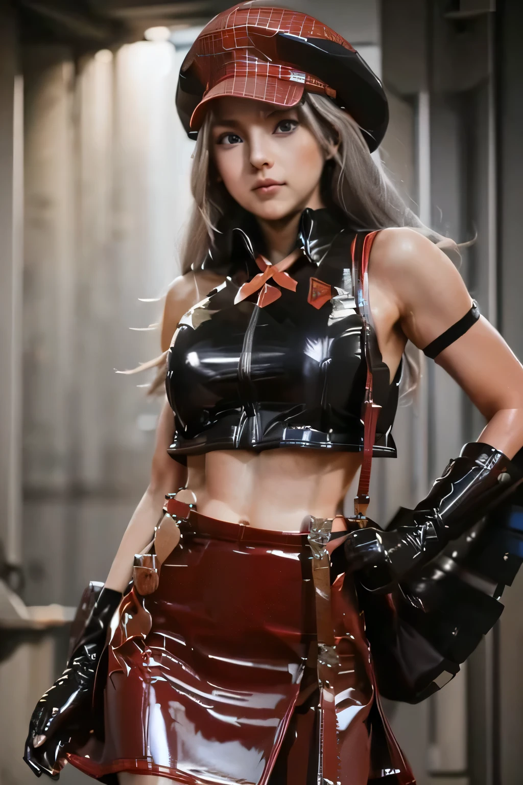 　 Perfect Anatomy　 best quality, highest resolution,(((Latex Costume　 red hat 　red latex check skirt　 suspenders　 Silver Hair　Dark blue eyes　sweat　 out of your belly button)))　God Eater　Alisa Ilinichna Amiella