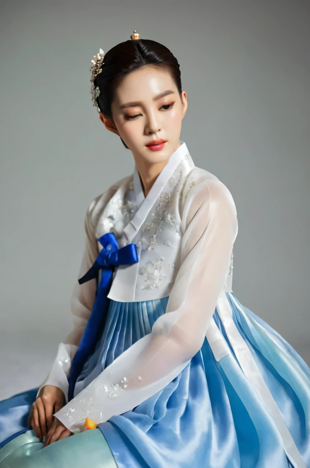 A Korean man in women's hanbok, hi is crossdresser, His face and hairstyle are very masculine, silk, Mother of the Bride hanbok Dress Outfit, breasts like a woman, white blue, slender female body, A slim body stands out, sexy see-through jacket, satin, little side view, sit quietly