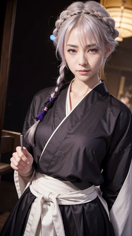 （（（perfect figure，figure，long sleeves, japanese clothes,  kimono, haori, black  kimono, hakama, black hakama,（（（isane kotetsu, short hair, braid, white hair, (purple eyes:1.1), hair braid, ））），（（（wide hips））），S-shaped figure:1.7））），((masterpiece)),high resolution, ((Best quality at best))，masterpiece，quality，Best quality，（（（ Exquisite facial features，looking at the audience,There is light in the eyes，blush，Happy））），（（（Interlacing of light and shadow，huge ））），（（（looking into camera）））