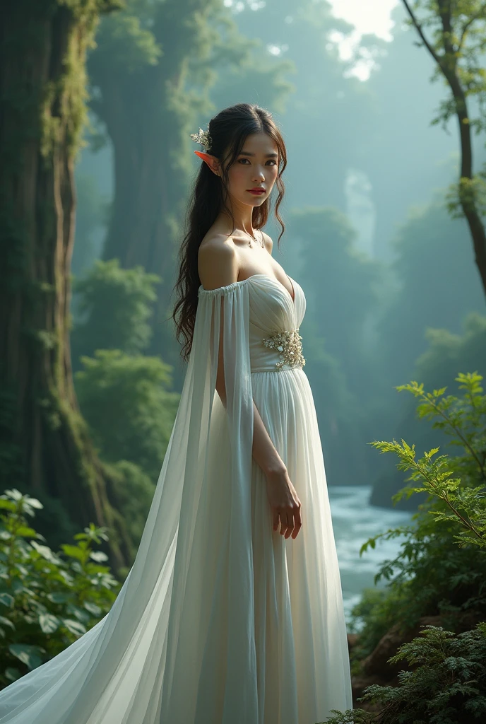 There is a woman in a white dress standing on the rock, elegant dress, flowing white robe, wearing a white elegant dress, flowing robe, flowing robes, Flowing white dress, Fluid magic robe, flowing robe, Flowy silk slip dress, Wearing a flowing long fabric, wearing a elegant dress, flowy fabric, Gauzy angel dress, Wearing a semi-transparent sheet