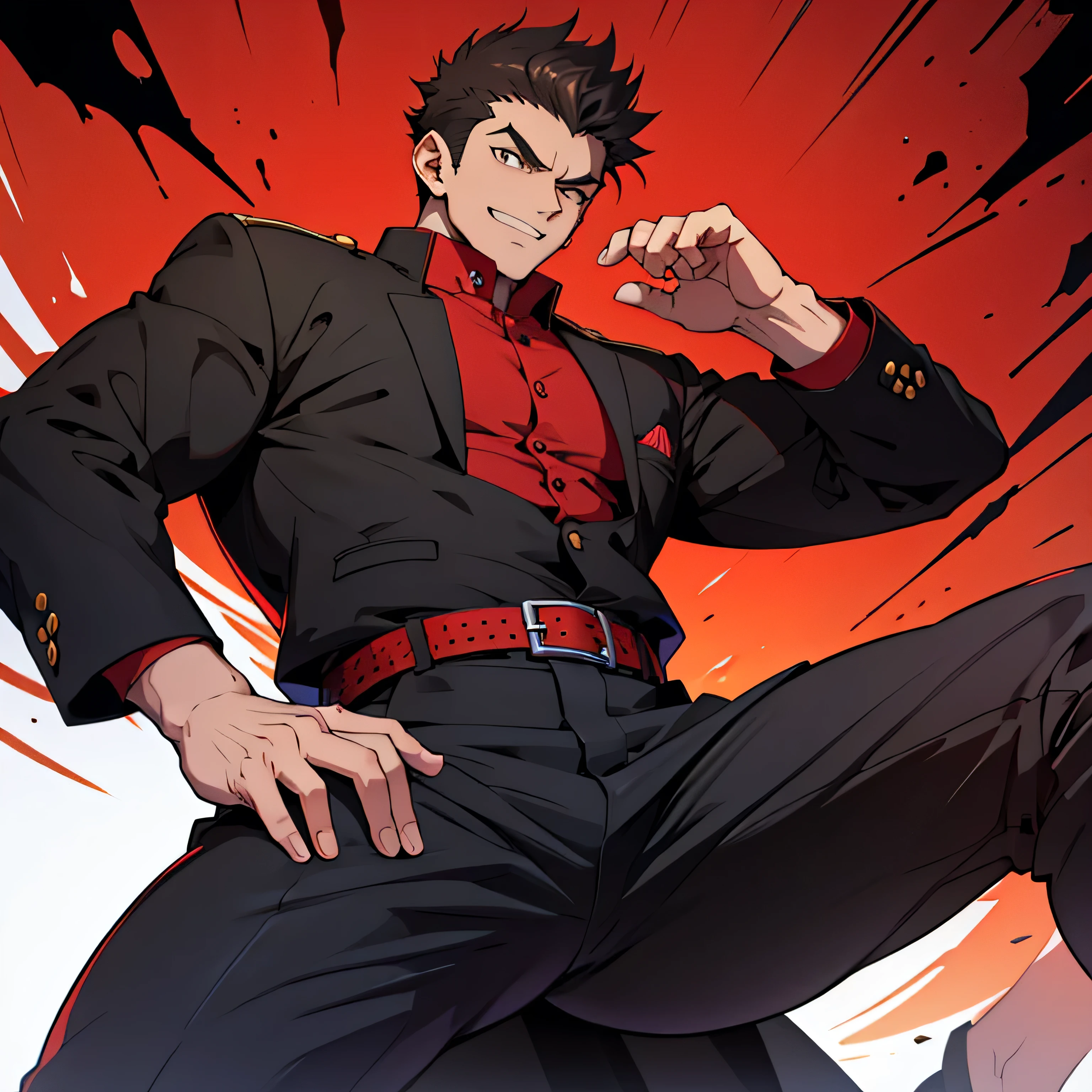Age 25,,Simple black GAKURAN、Red Shirt, black slim pants ,cool battle pose、Spread your legs wider,black belt,logic, Gay ,Brown Hair, short hair on the side of the uniform, thick eyebrows, Lightly Set Your Hair with Wax 、Masculine,salaryman,Mob characters,bad student、View from below The villain's smile face up