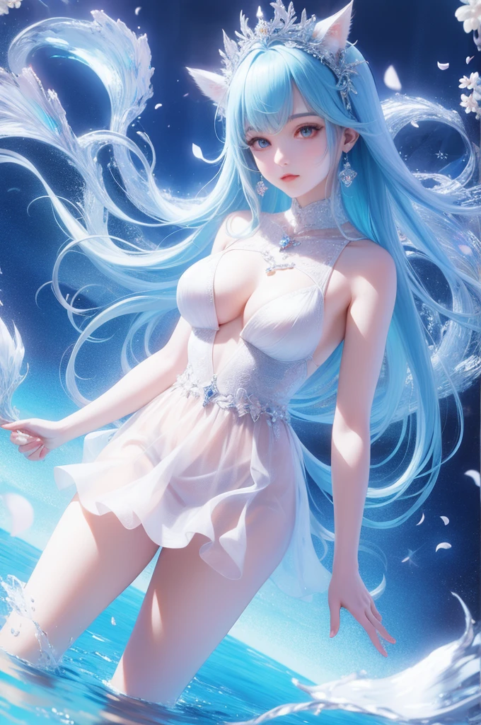 absurdos, high resolution, (arte oficial, beautiful and aesthetic:1.2), (close vision:1.15), (1 chica, pelo azul, pelo medio, ojos brillantes, vestido largo blanco, volante azul:1.2), cielo azul, galaxia reluciente, (salar de uyuni:1.2), (fractal art:0.8), efectos del agua, ripple effects, (efectos florales:0.65), efectos de luz, tetas masivas