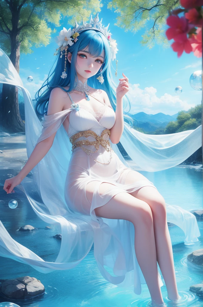She wore a light blue dress，It has elegant round and slender jade legs，A delicate jade arm like snow，summer
The characteristics of the sky，Let her delicate rain skin show off vividly outside。