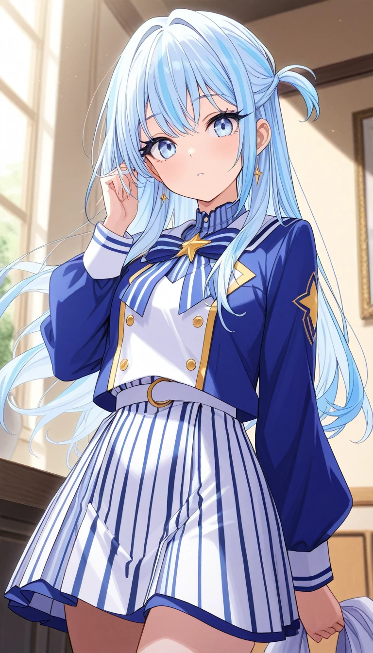 beautiful anime girl, long blue and white striped hair, light blue eyes, holding small celestial stars ((🤏)), masterpiece, ultra detailed, looking at the viewer, long eyelashes,