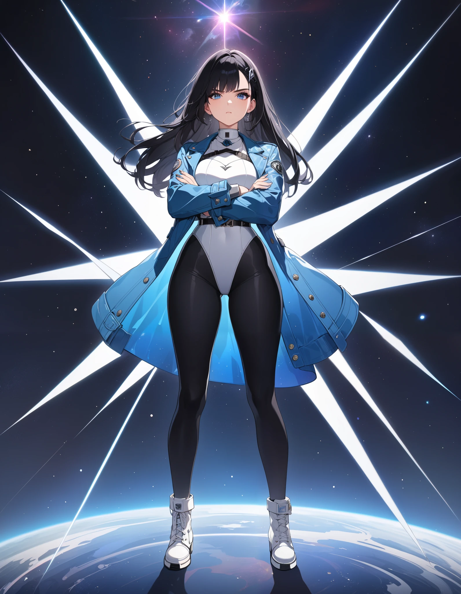 best quality, masterpiece, hires, highly detailed, 8k, solo, solo focus, 1girl, cute and attractive woman with black hair and blue eyes, blue leather jacket, white leotard, full black leggings, white ankle boots, standing, serious, closed mouth, looking at viewer, space warp, metamorphosing pose, crossed arms, crossed hands, diffraction spikes, light particles, full body shot