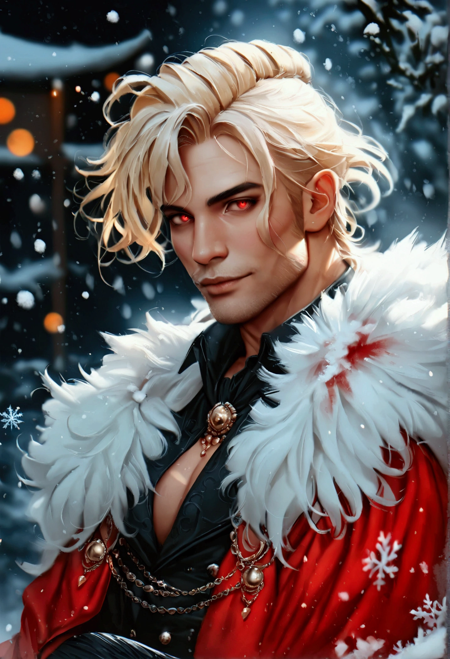 one man, gallantic, masculine, single-person, middle-aged man, handsome, vampiric aura, 58 year old, blonde hair, quiff sides and tape hairstyle, shining bloody eyes, friendly smile, pale white skin, more prominent muscular body, larger muscles, bodybuilder bodyshaped, more prominent muscular legs, black suitcoat, red robe, black wide trousers, snowy midnight, looking at viewers, realistic quality, ultra-realistic style, hyperrealistic, hyperdetail, aesthetic, dreamy, HD, High Quality, masterpiece, best quality, 8k resolution 