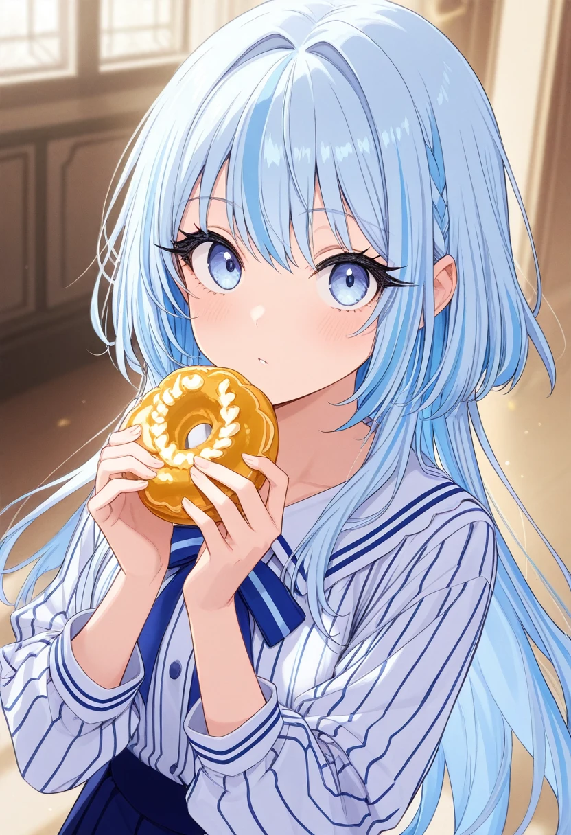 beautiful anime girl, long blue and white striped hair, light blue eyes, holding small celestial stars ((🤏)), masterpiece, ultra detailed, looking at the viewer, long eyelashes,