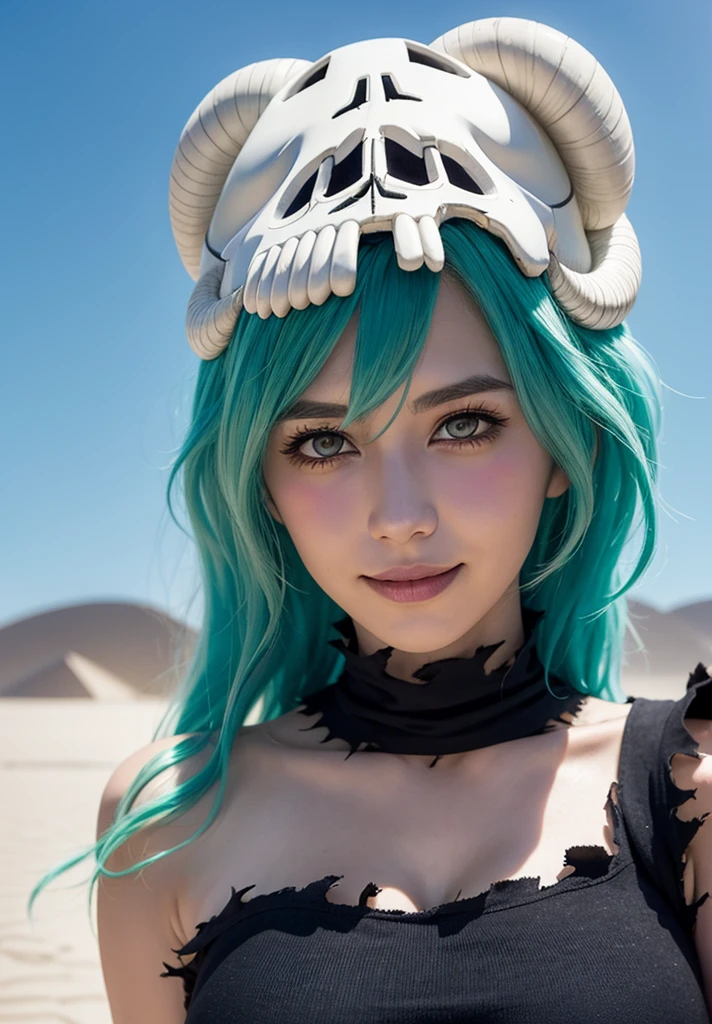 Nelliel to Order Schwank, green hair, yellow eyes, skull, Face mark, smile, parted lips, Happy, torn clothes, White desert, Pitch black sky, Pitch black sky