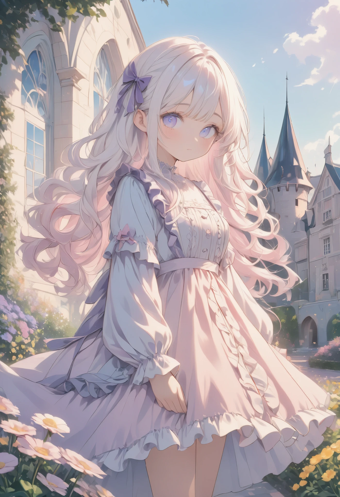 masterpiece, best quality, 8k, highres, ultra-detailed,  HDR, UHD, studio lighting, extreme detail description, professional,pastel,
Low Fidelity (lofi) art style,
pastel pink and purple tones,illustration,1girl, long wavy hair, white hair, blue eyes, shy expression, frilled dress, light blue dress, bow on dress, ruffles, detailed hands, looking at viewer, sunny day, European architecture, castle-like buildings, flower garden, yellow flowers, soft lighting, gentle breeze, serene atmosphere
