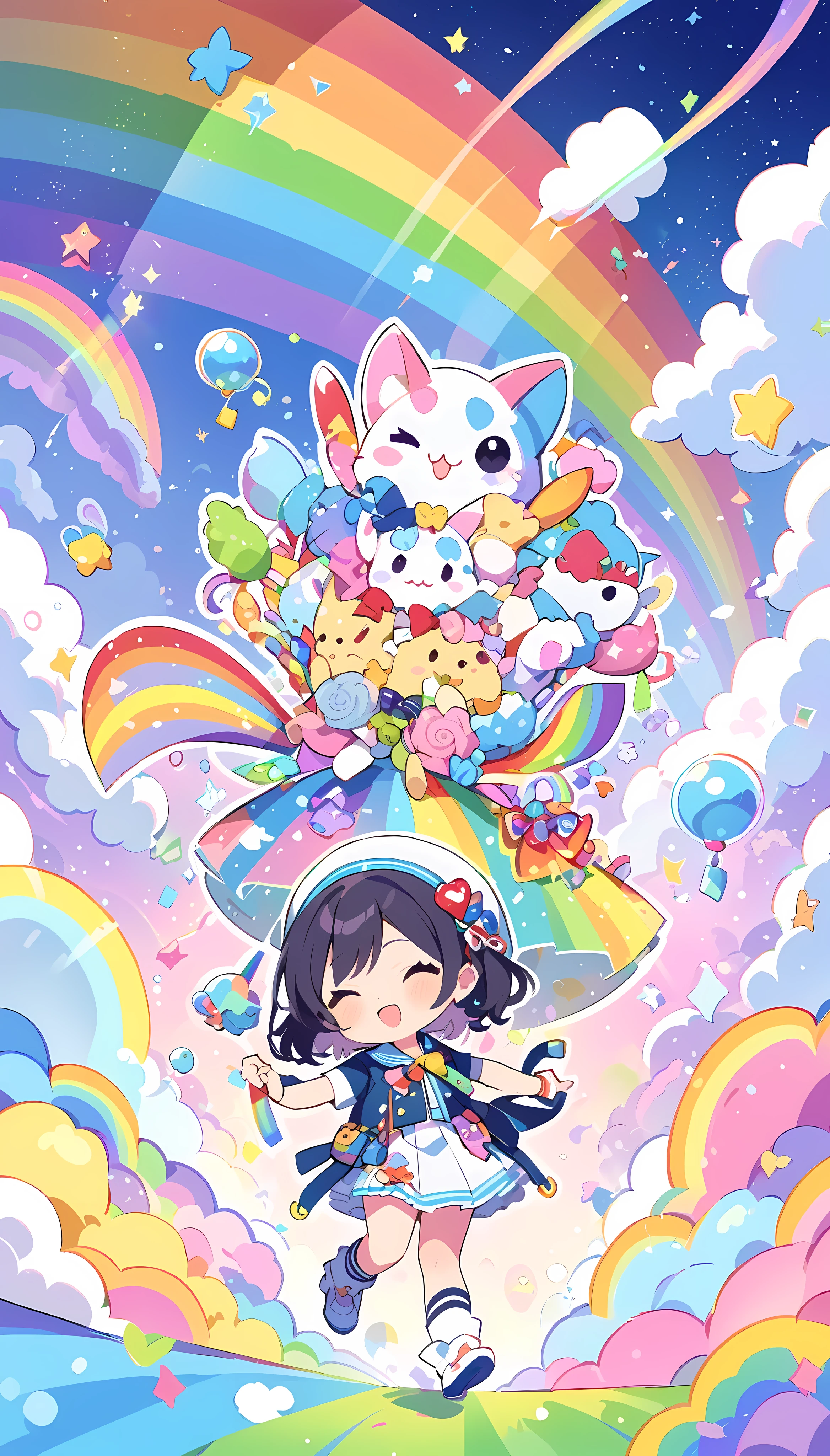 ((Usami no Adventurer walks across the rainbow)), Highly Intensive Simple Art ,  Colorful Cute Style,  the rainbow hanging over you and the subject, I'm captivating you 💕