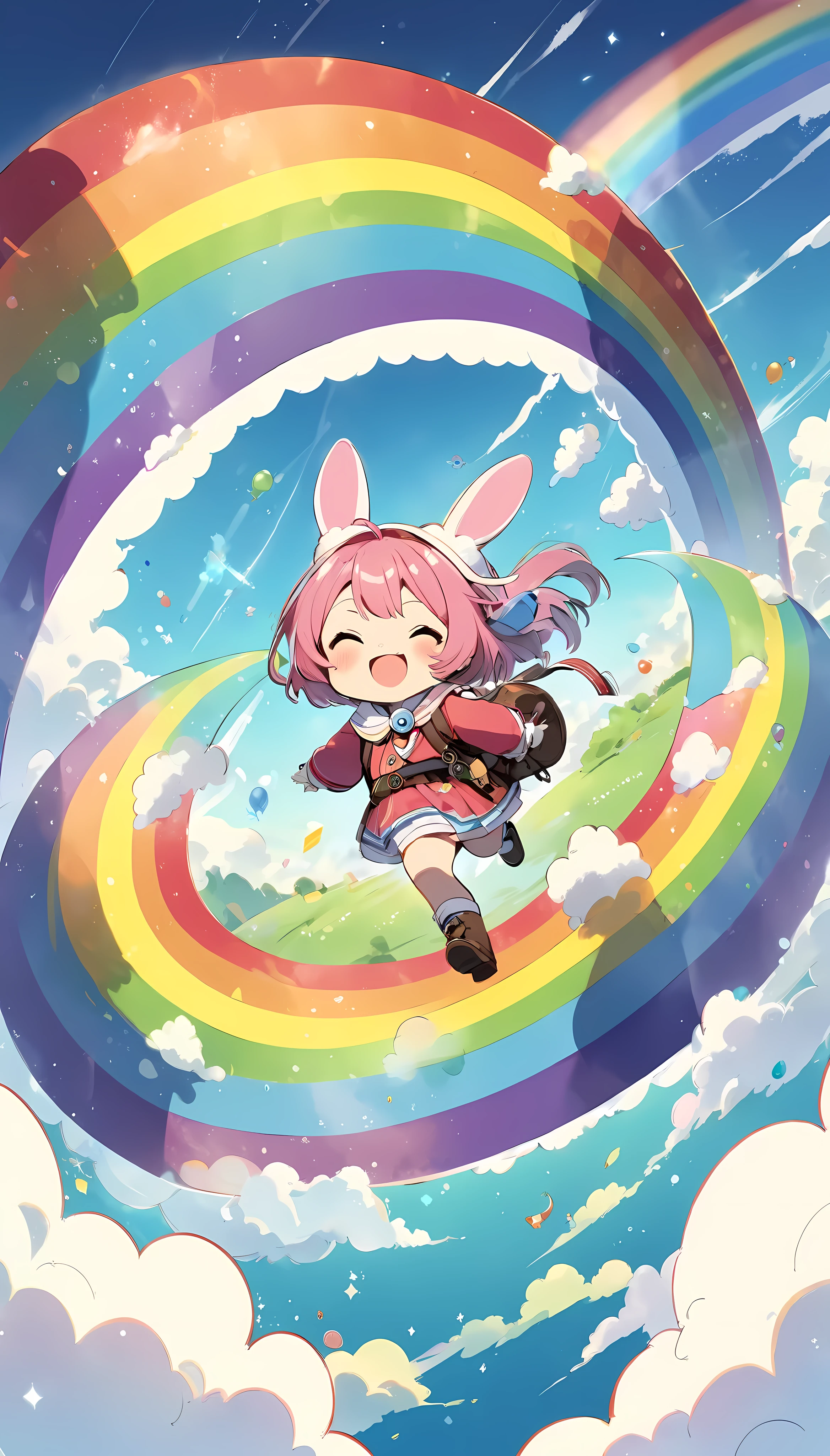 Anime girl flying through the sky with a rainbow in the background ...
