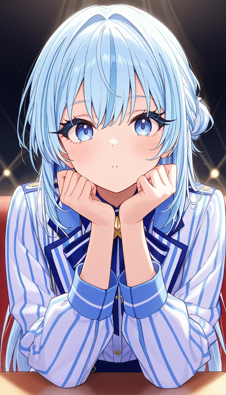 beautiful anime girl, long blue and white striped hair, light blue eyes, holding small celestial stars ((🤏)), masterpiece, ultra detailed, looking at the viewer, long eyelashes, idol