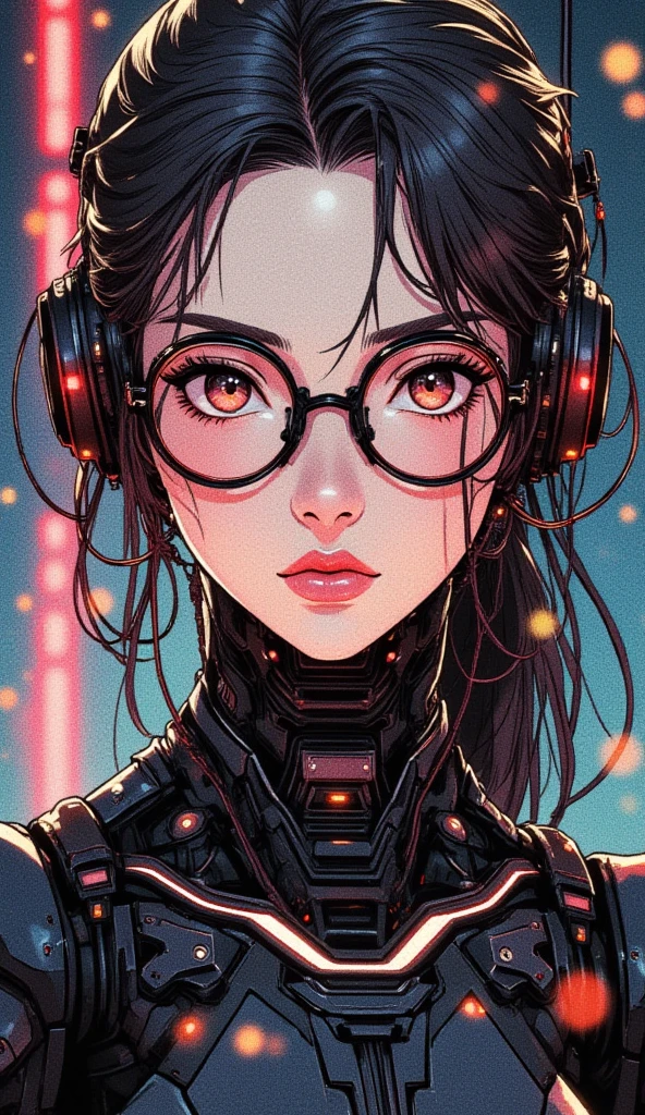 a beautiful android girl with glasses, Black-rimmed round glasses, (Beautiful face and glasses), (cowboy shot), slender like a super-model, wires,multiple wires,glowing,futuristic,indoors,masterpiece,4K,best quality,beautiful and aesthetic,exquisite details and textures groundcore,ultra-detailed,more detail,detailed pencil strokes,gorgeous watercolor coloring,
