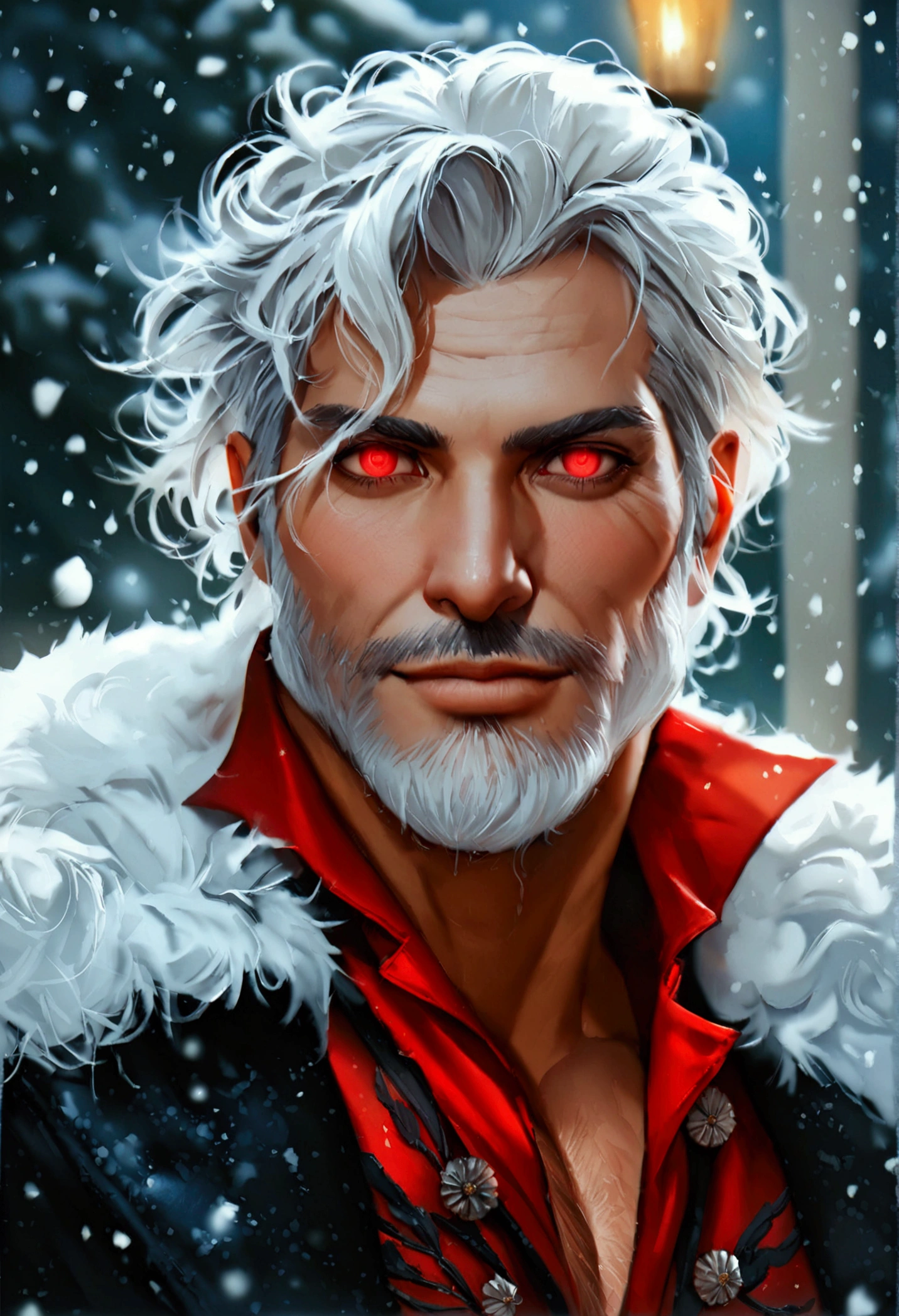 one man, gallantic, masculine, single-person, middle-aged man, handsome, vampiric aura, 58 year old, blonde hair, quiff sides and tape hairstyle, shining bloody eyes, friendly smile, pale white skin, more prominent muscular body, larger muscles, bodybuilder bodyshaped, more prominent muscular legs, black suitcoat, red robe, black wide trousers, snowy midnight, looking at viewers, realistic quality, ultra-realistic style, hyperrealistic, hyperdetail, aesthetic, dreamy, HD, High Quality, masterpiece, best quality, 8k resolution 