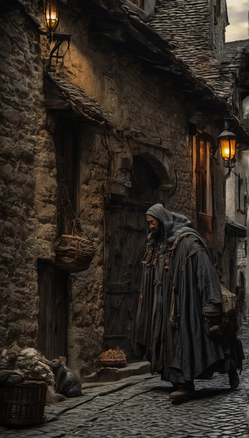 panoramic,    darkness神秘的木桥被雾气包围   ,  通往 darkness小巷的楼梯  ,gloomy, Wet,  darkness,  Luz Outfit , Sunset, Stone Street,    anatomically correct medieval alleys    ,    Medieval street vendors put out    ,      mouse crossing the street     ,    rope hanging clothes     ,  gothic art , Action painting ,  Surrealist ,  Light and Dark Contrast, Depth of Field,   movie lighting  , U HD , Retina,  masterpiece, Necessary,  ,   Old School ,   super detailed  ,  High Details  ,   lyrics ,   Winner Awards   ,   Quality Best  ,  high res, 1080P,  HD , 16K,  eznegativxl    ,    locals avoided a narrow alley in the oldest part of the city  .   ,   who whisper about a shadow figure that stalks the cobbleStone Street at night  .       those crossing the street with this entity reported ， They felt an overwhelming sense of fear ， heard whispers that seemed to come from everywhere .