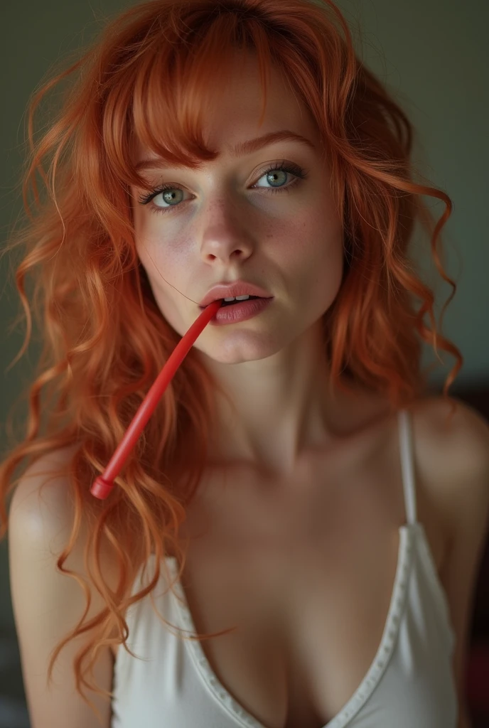 Caucasian female, small size, long orange hair, vagina small sample, small breasted, pen stuck in anus, looking at a scenario, decadent with falling planets, crying from so many orgasms, with a vibrator in her mouth