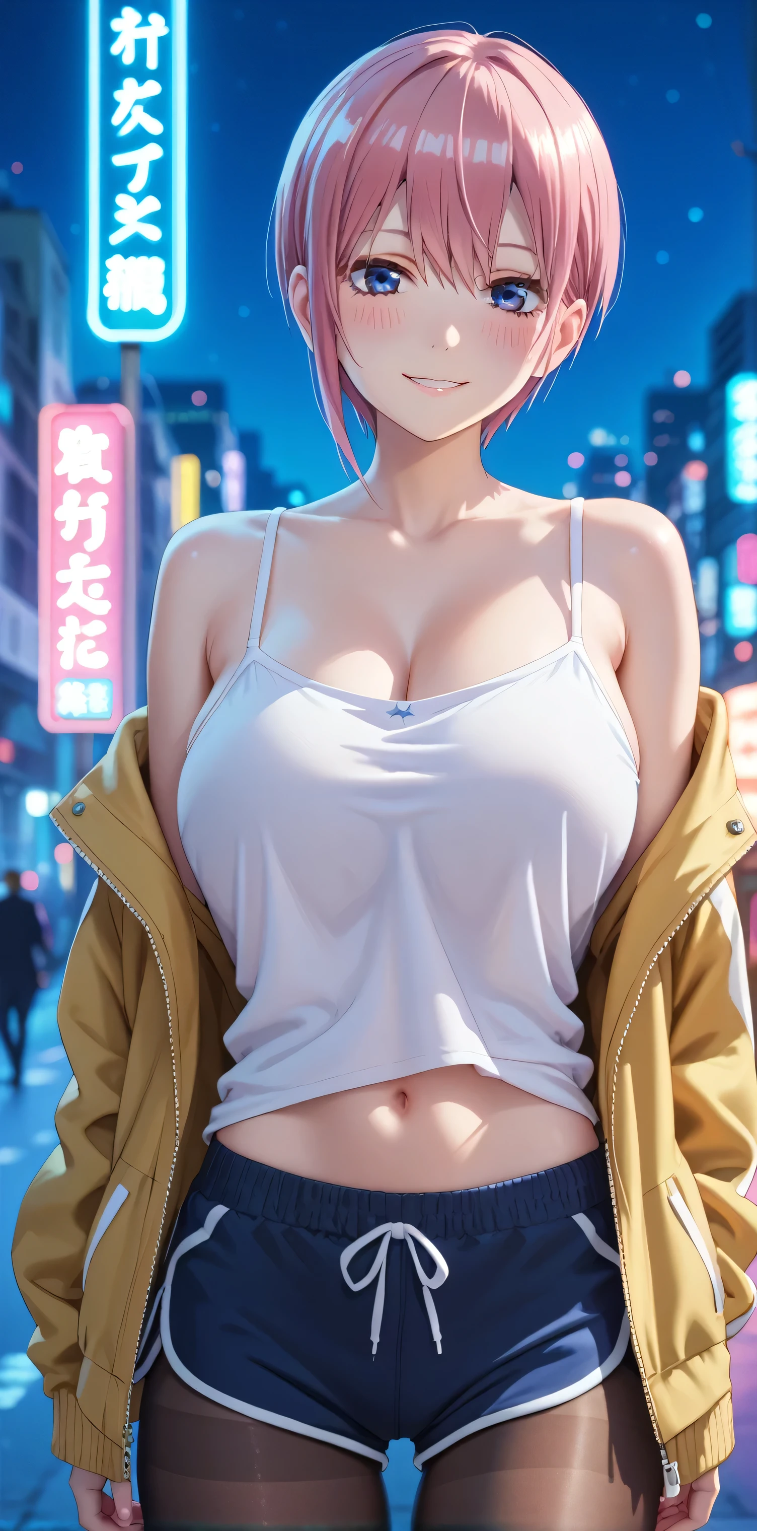 (Tall girl, Fit girl,score_9, score_8_up, score_7_up, score_6_up, uncensored, 1girl, ichika nakano, short hair, bangs, blue eyes, hair between eyes, pink hair, bangs, blue eyes, shirt, hair between eyes, huge breasts, white camisole, short camisole, navel, dolphin shorts, jackets, open jackets, bare shoulders, pantyhose, night, neon light, city, blurry backgrounds, from front, seductive smile, blush, 