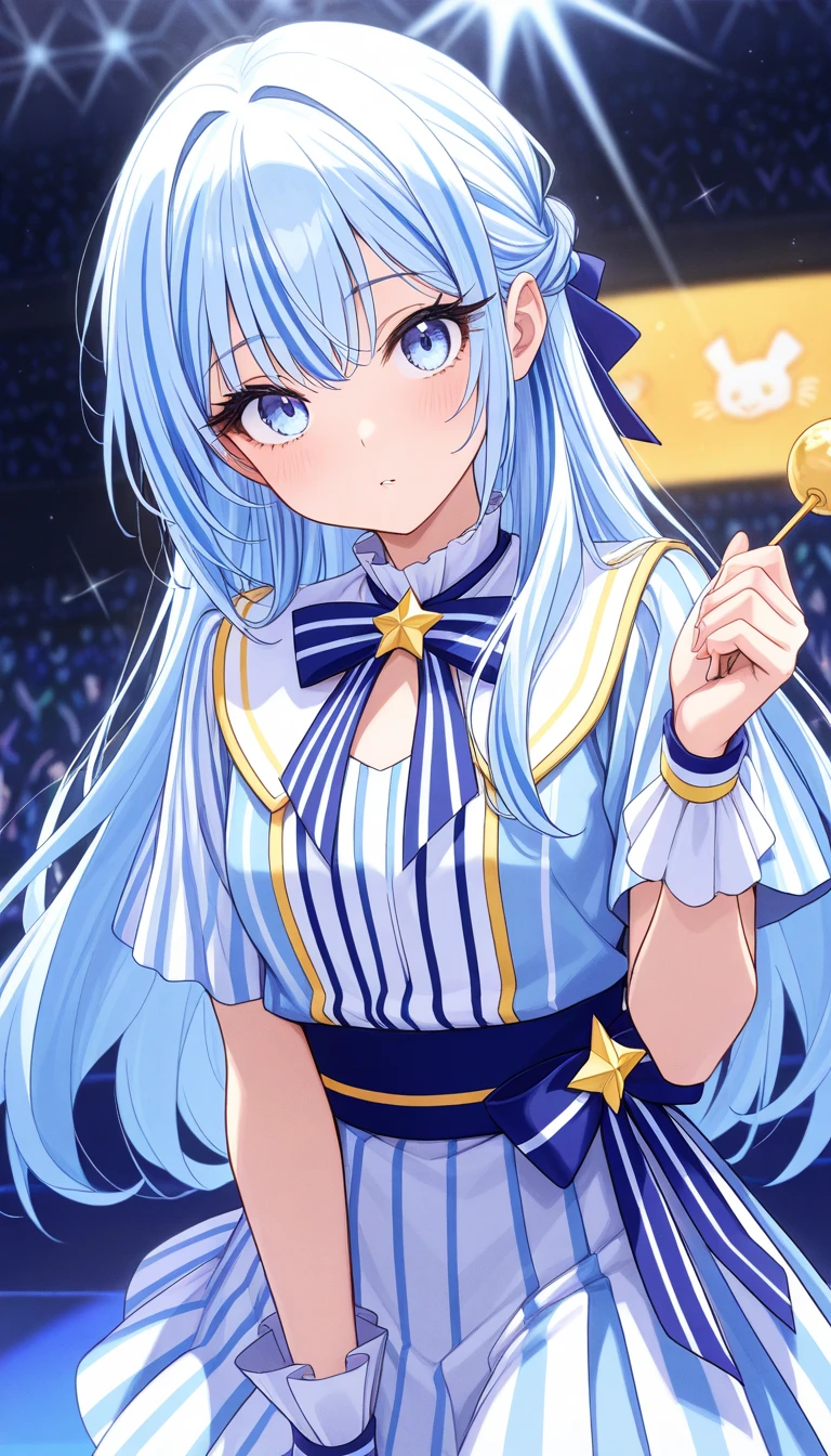 beautiful anime girl, long blue and white striped hair, light blue eyes, holding small celestial stars ((🤏)), masterpiece, ultra detailed, looking at the viewer, long eyelashes, idol