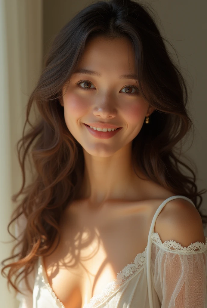 Soft portrait of a beautiful woman, flowing dark hair, captivating gaze, elegant features, radiant smile, feminine beauty, subtle makeup, striking eyes, long lashes, graceful posture, stylish attire, soft shadows, warm skin tones, detailed portrait, realistic style, high-resolution, delicate lighting, digital painting, by Sofia Bonati, Behance.
