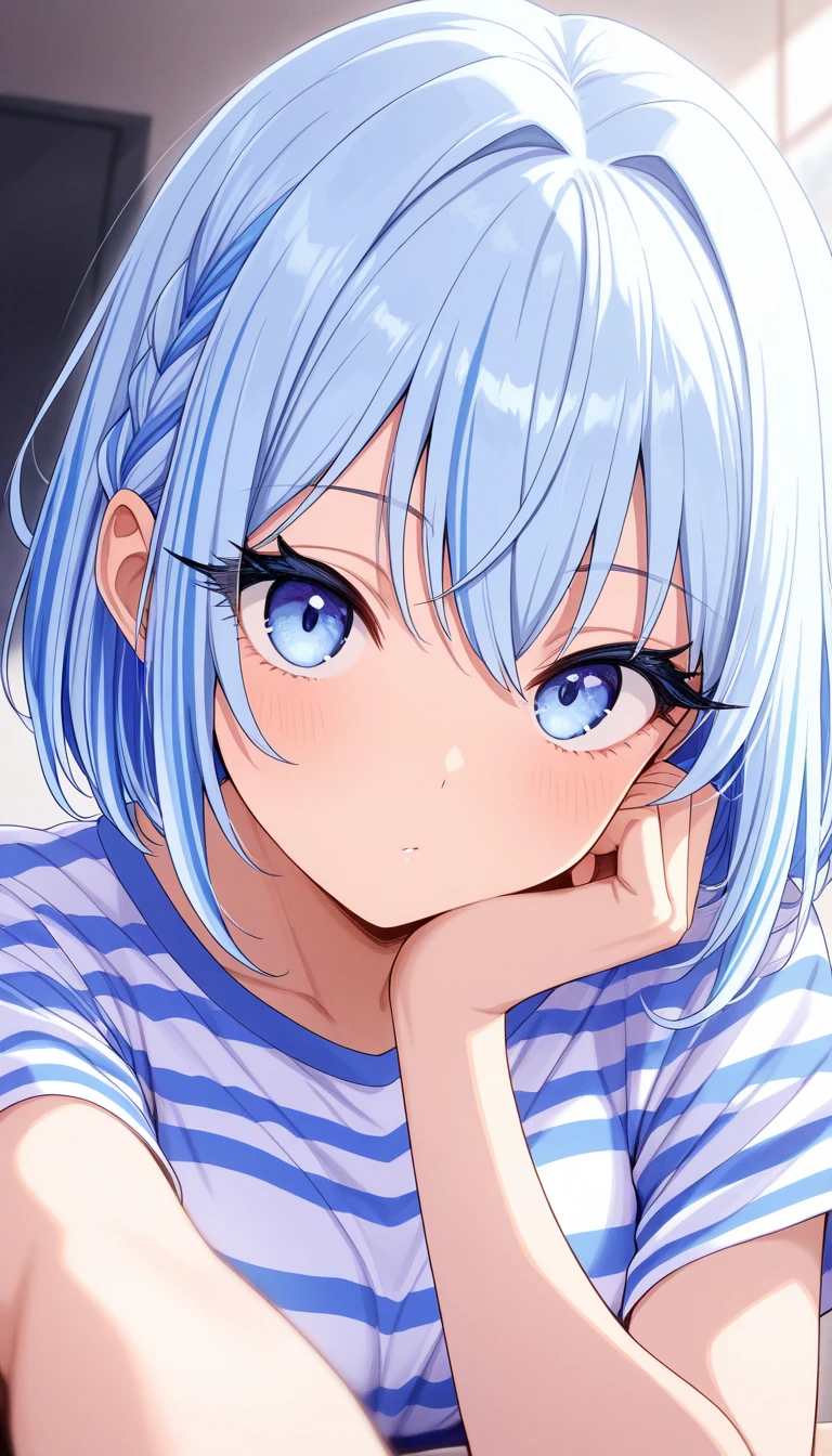 beautiful anime girl, long blue and white striped hair, light blue eyes, holding small celestial stars ((🤏)), masterpiece, ultra detailed, looking at the viewer, long eyelashes, idol