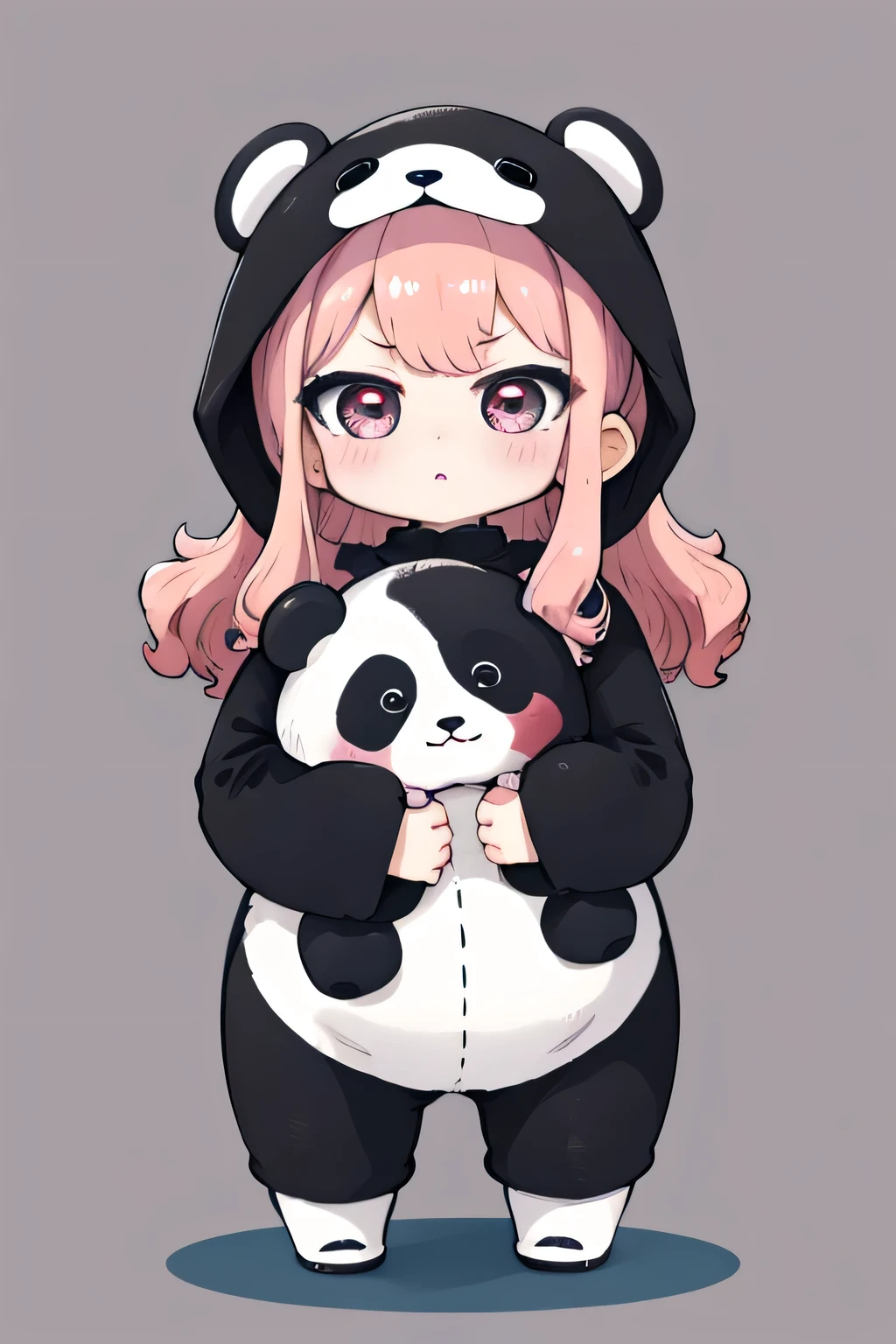 Masterpiece, Best Quality, Hi-Res, source_anime, (good_hands:0.9) , 1girl, chibi, mini, ,cute, black eyes, pink hair,  curly long hair, panda costume, curvy body,  simple background , gray background, crossing hand, from front.stand, blushing, angry, irritated, looking at viewer, dramatic shadows, cinematic lighting, (light particles:0.8)